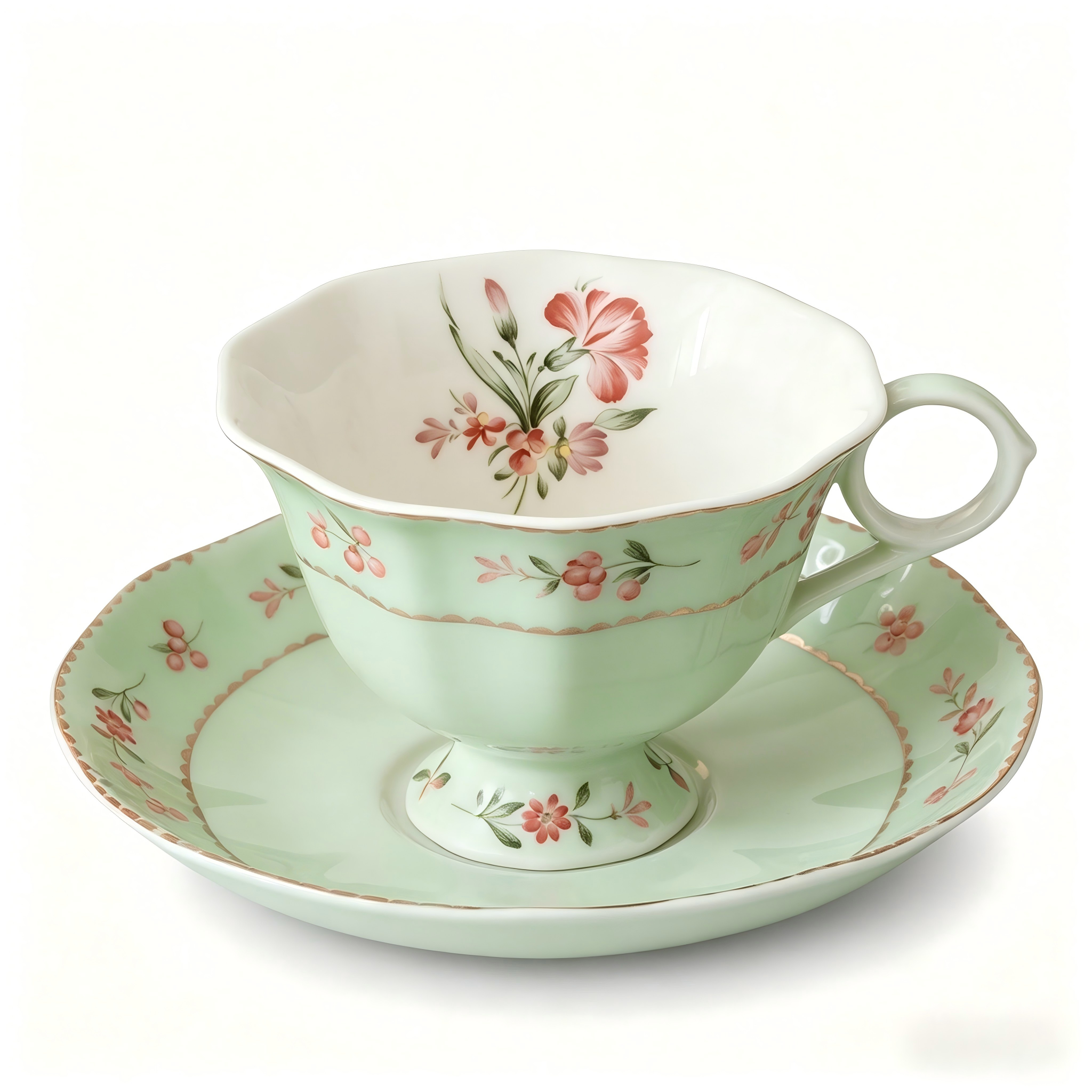 Vintage Mint Floral Porcelain Teacup and Saucer Set