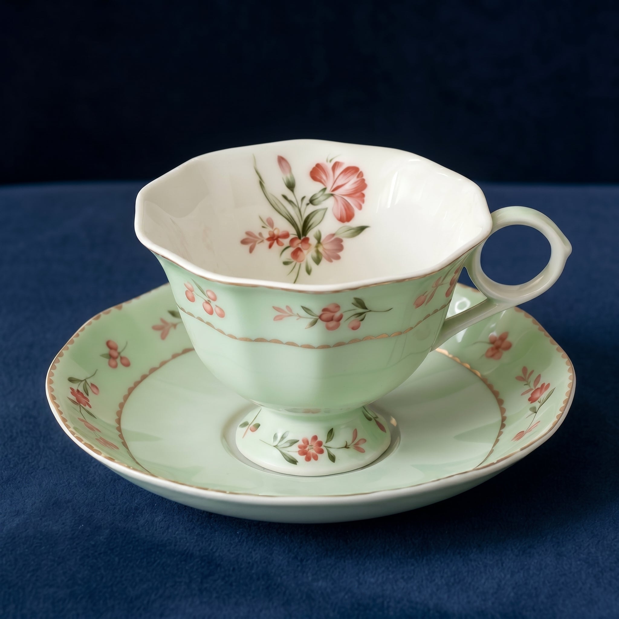 Vintage Mint Floral Porcelain Teacup and Saucer Set