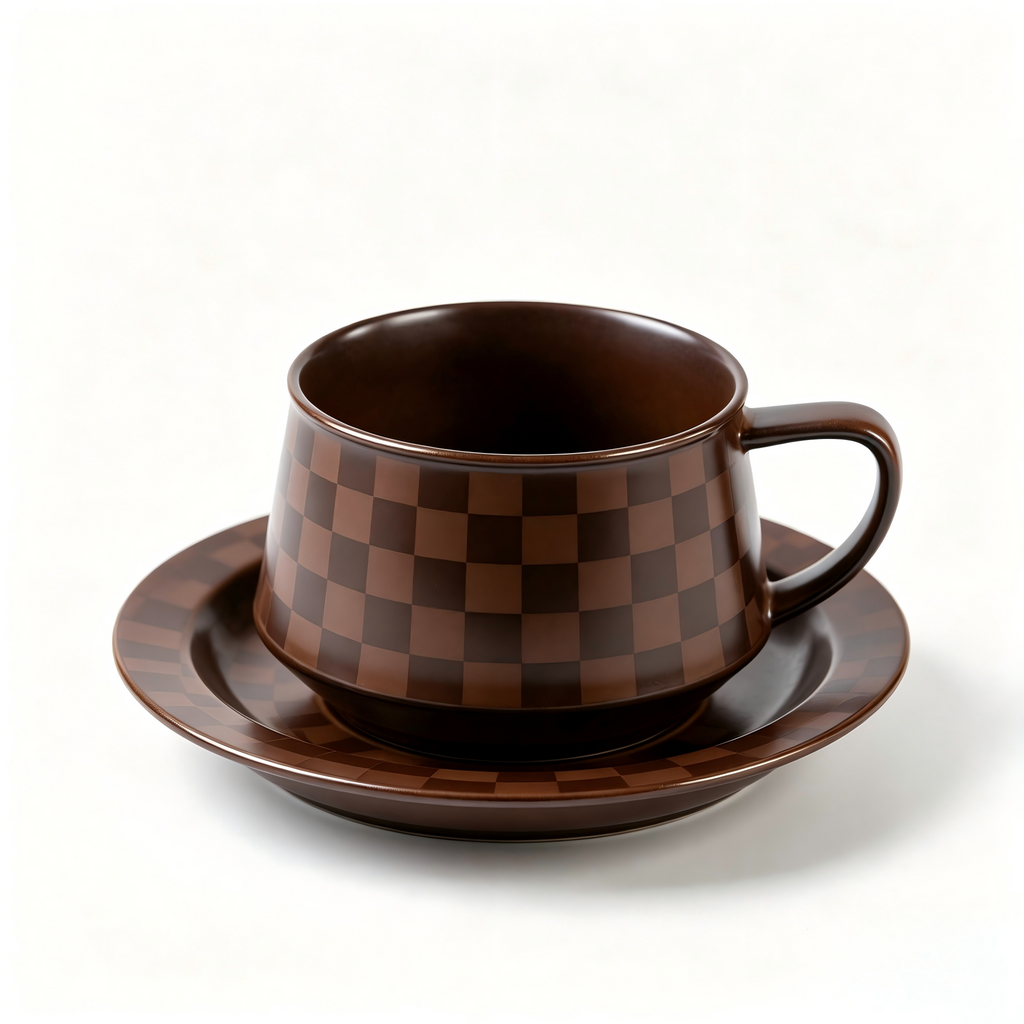 Mocha Checkered Ceramic Cup & Saucer Set