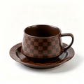 Mocha Checkered Ceramic Cup & Saucer Set