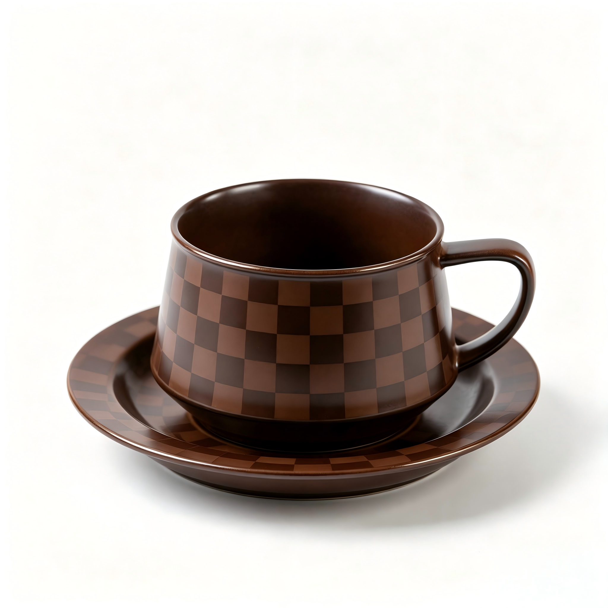 Mocha Checkered Ceramic Cup & Saucer Set