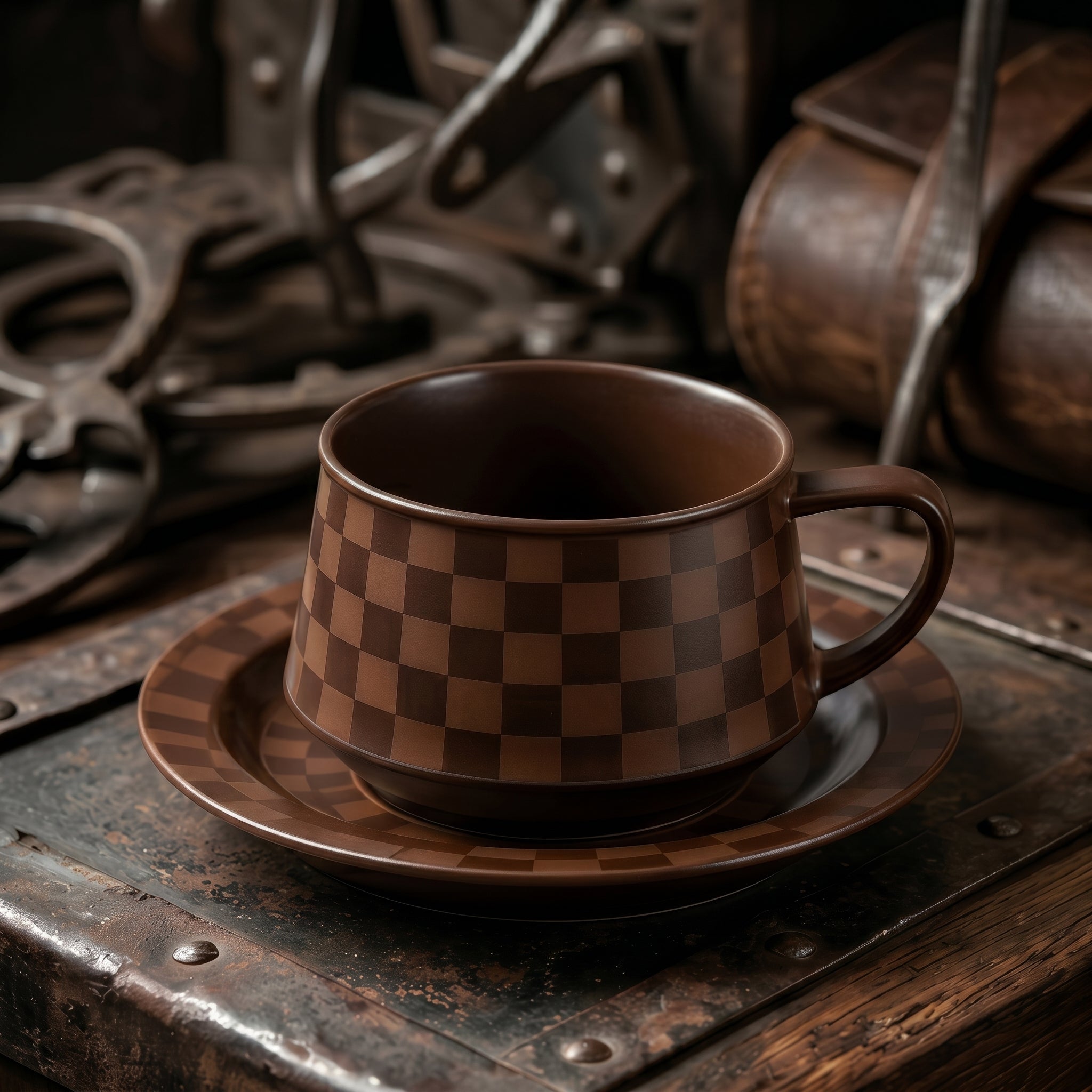Mocha Checkered Ceramic Cup & Saucer Set