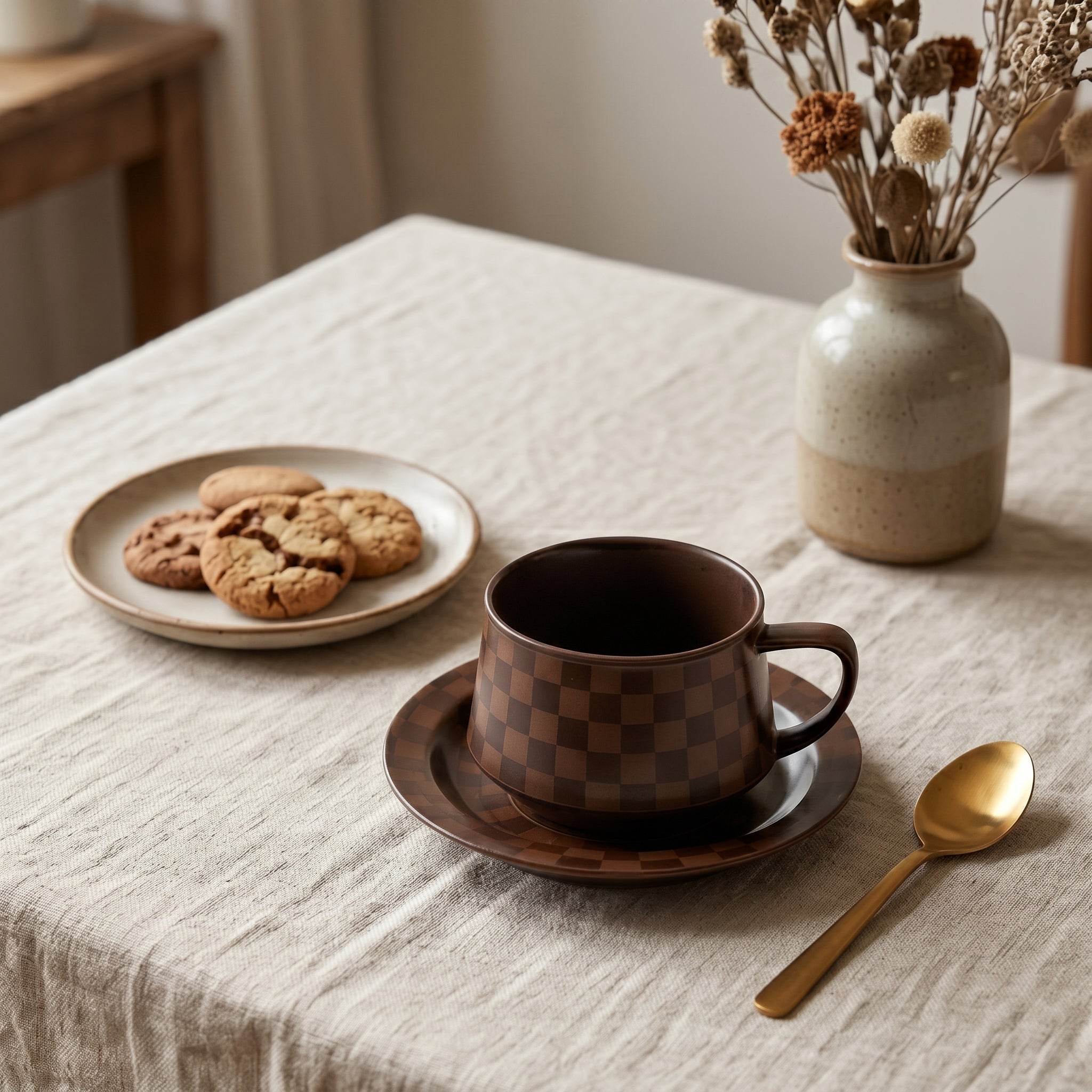 Mocha Checkered Ceramic Cup & Saucer Set