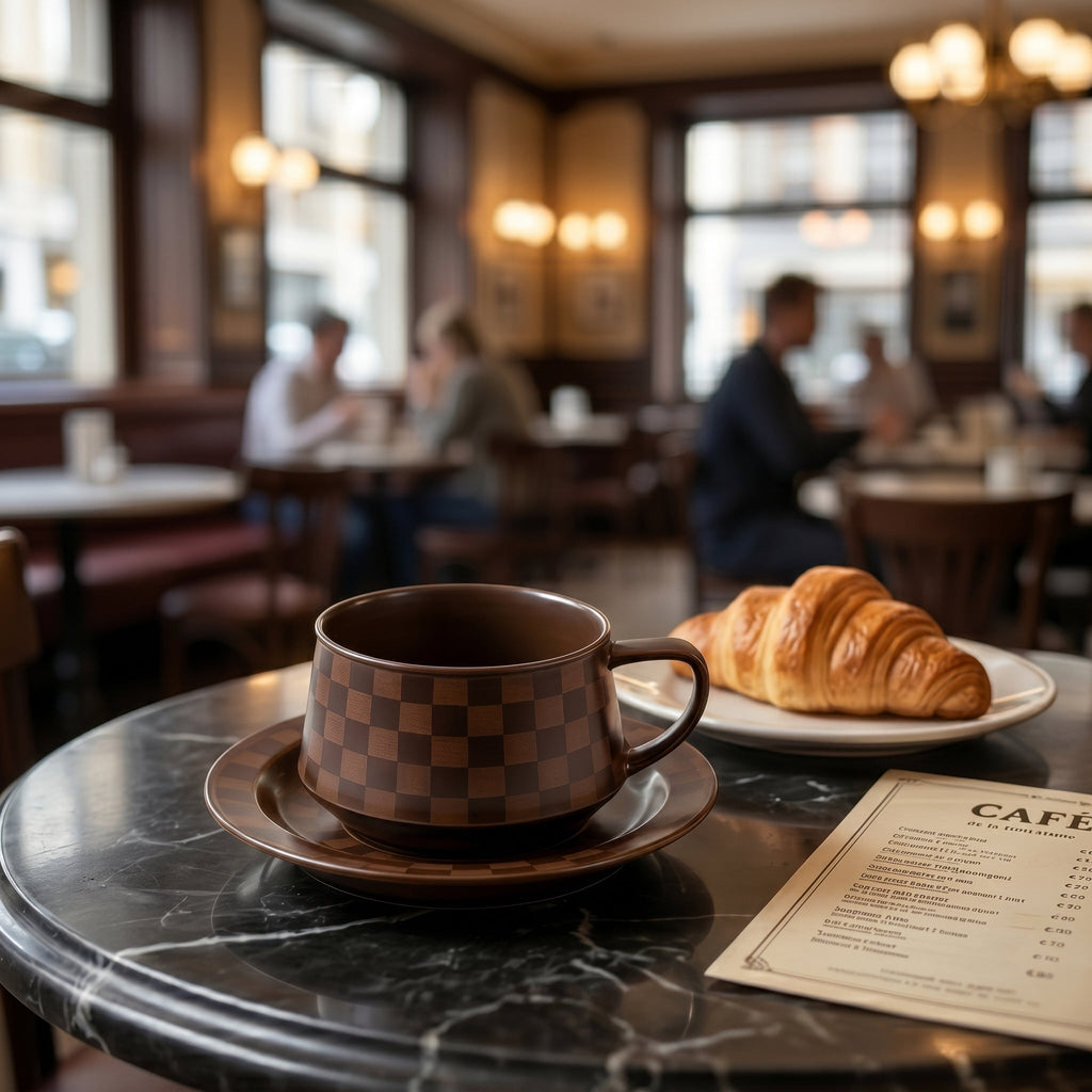 Mocha Checkered Ceramic Cup & Saucer Set