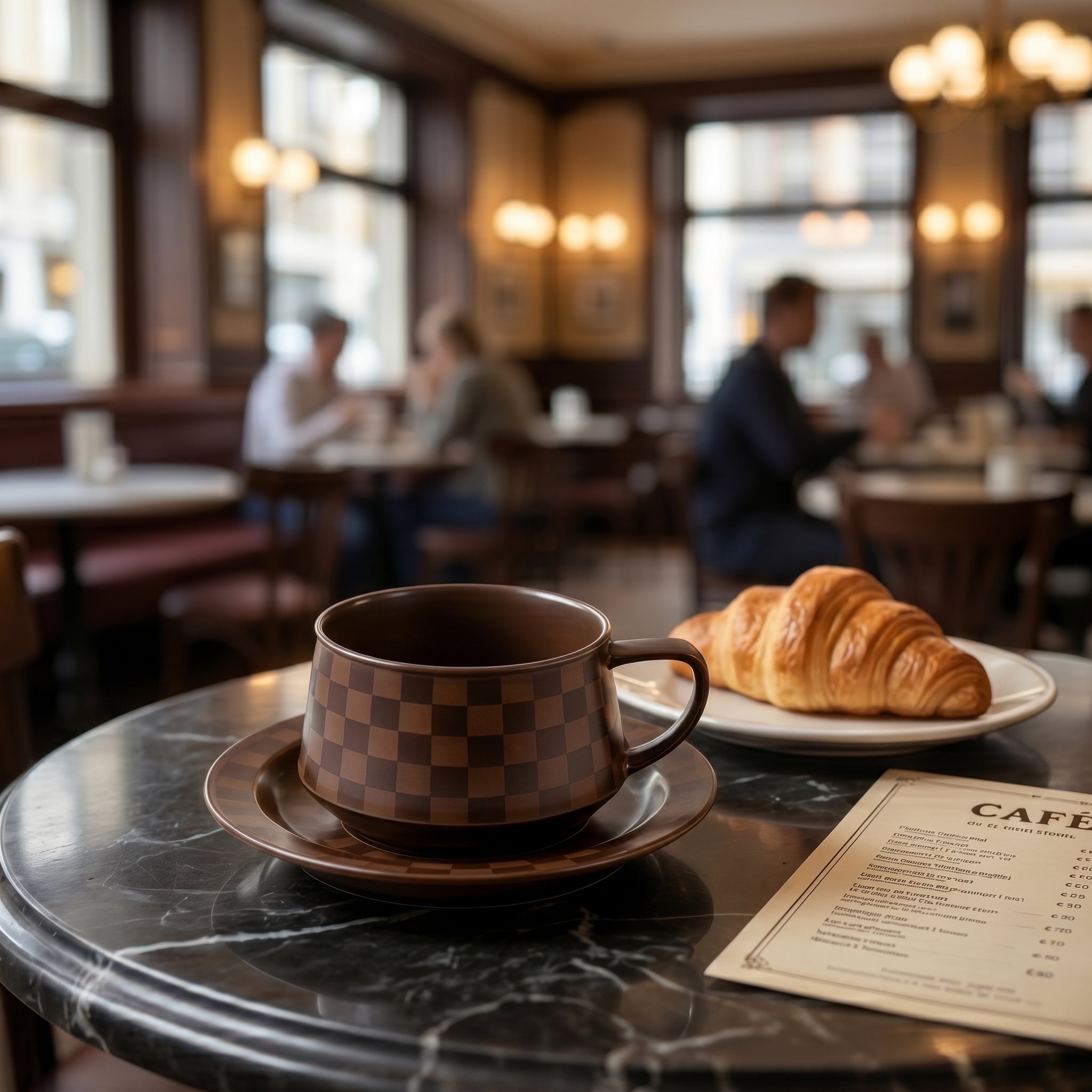 Mocha Checkered Ceramic Cup & Saucer Set