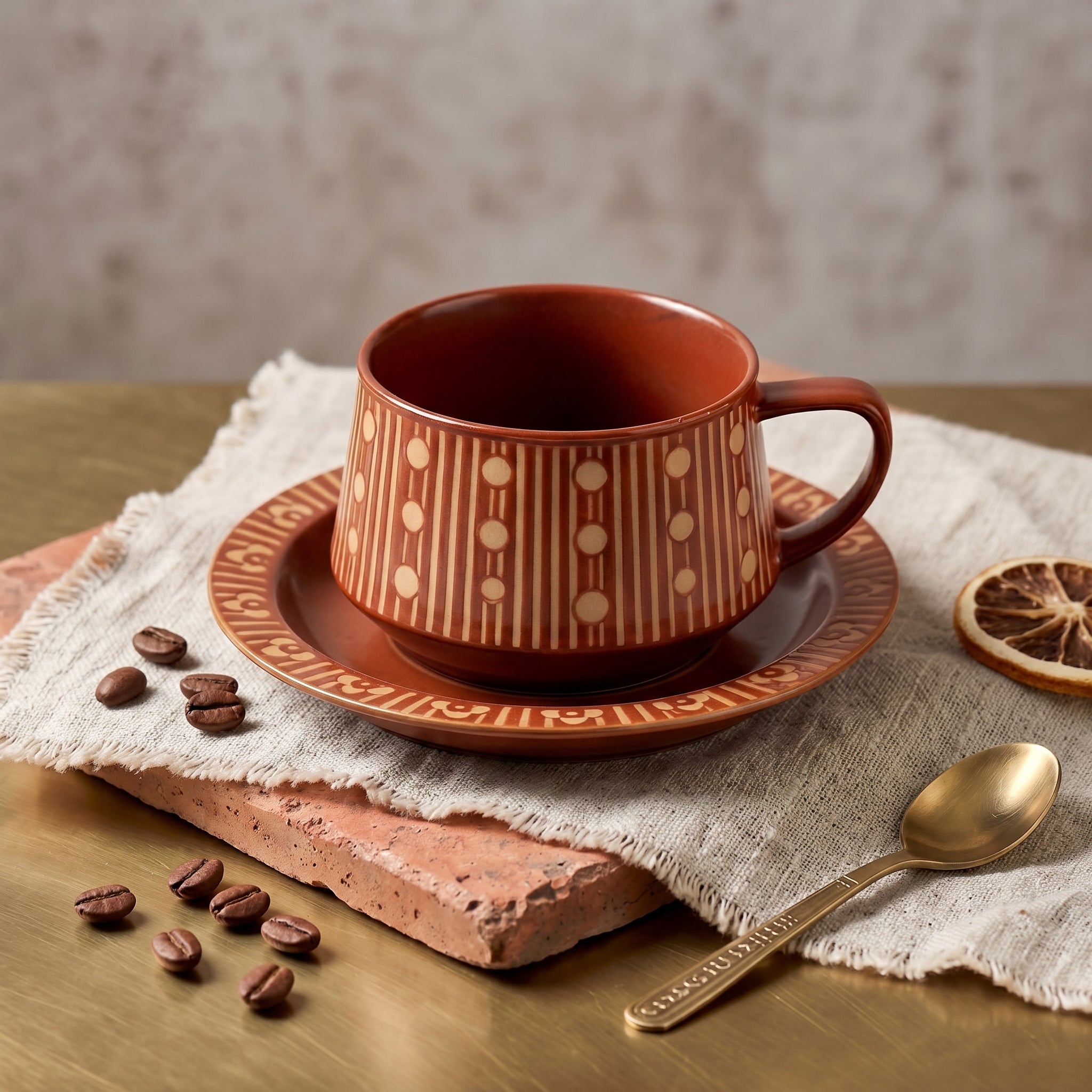 Terracotta Stripe Ceramic Cup & Saucer Set