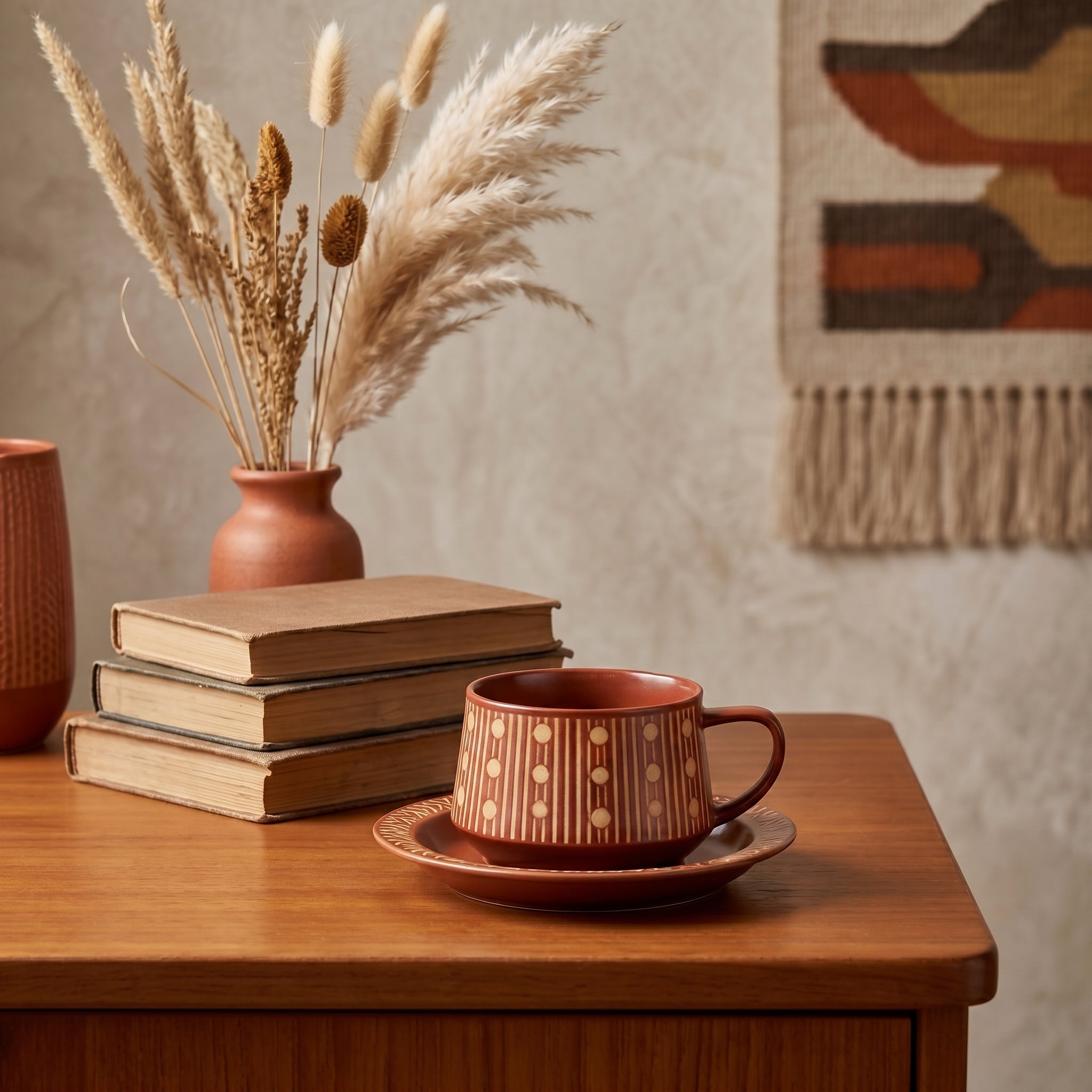 Terracotta Stripe Ceramic Cup & Saucer Set