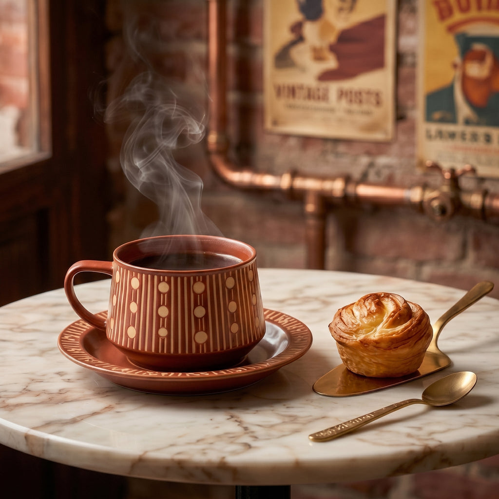 Terracotta Stripe Ceramic Cup & Saucer Set