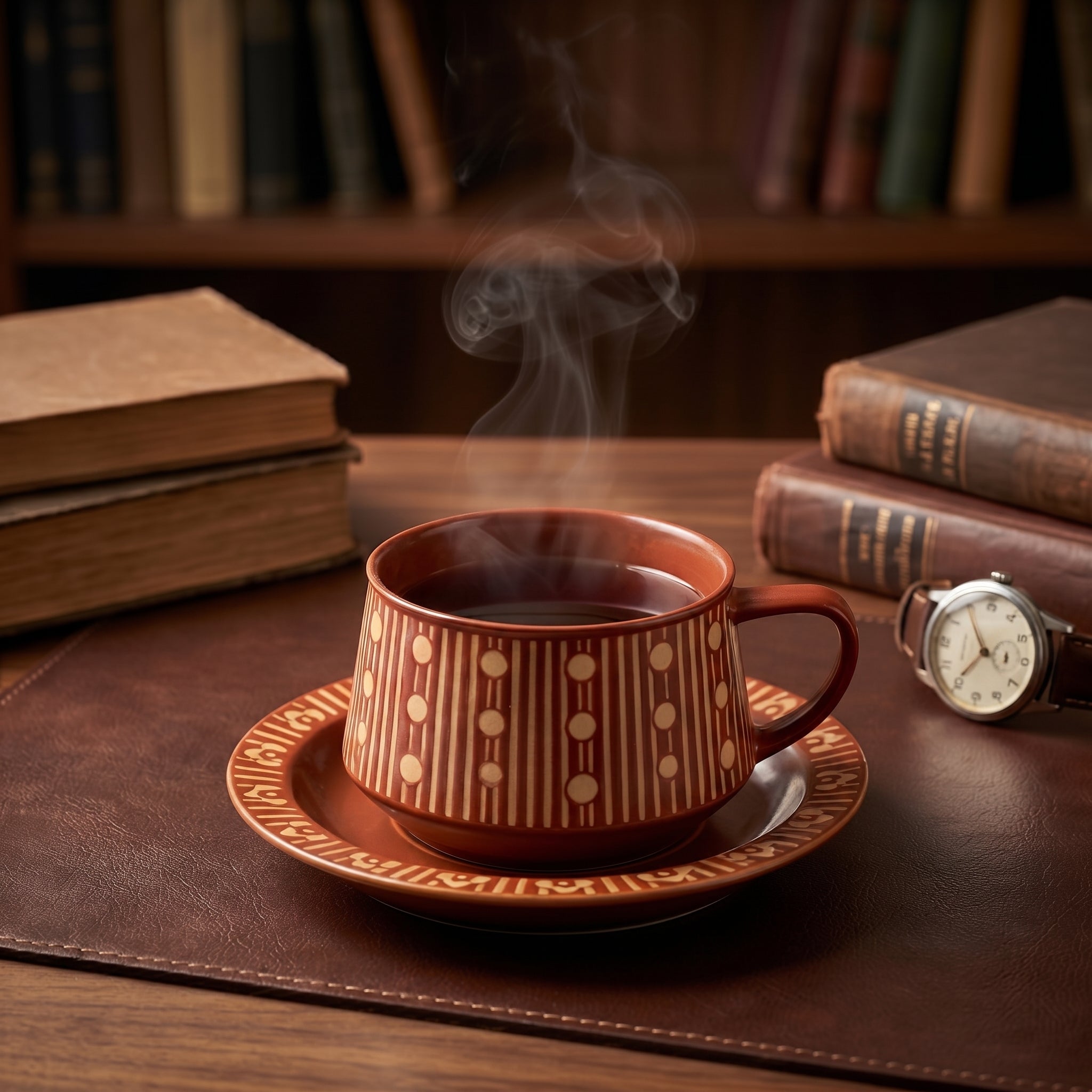Terracotta Stripe Ceramic Cup & Saucer Set