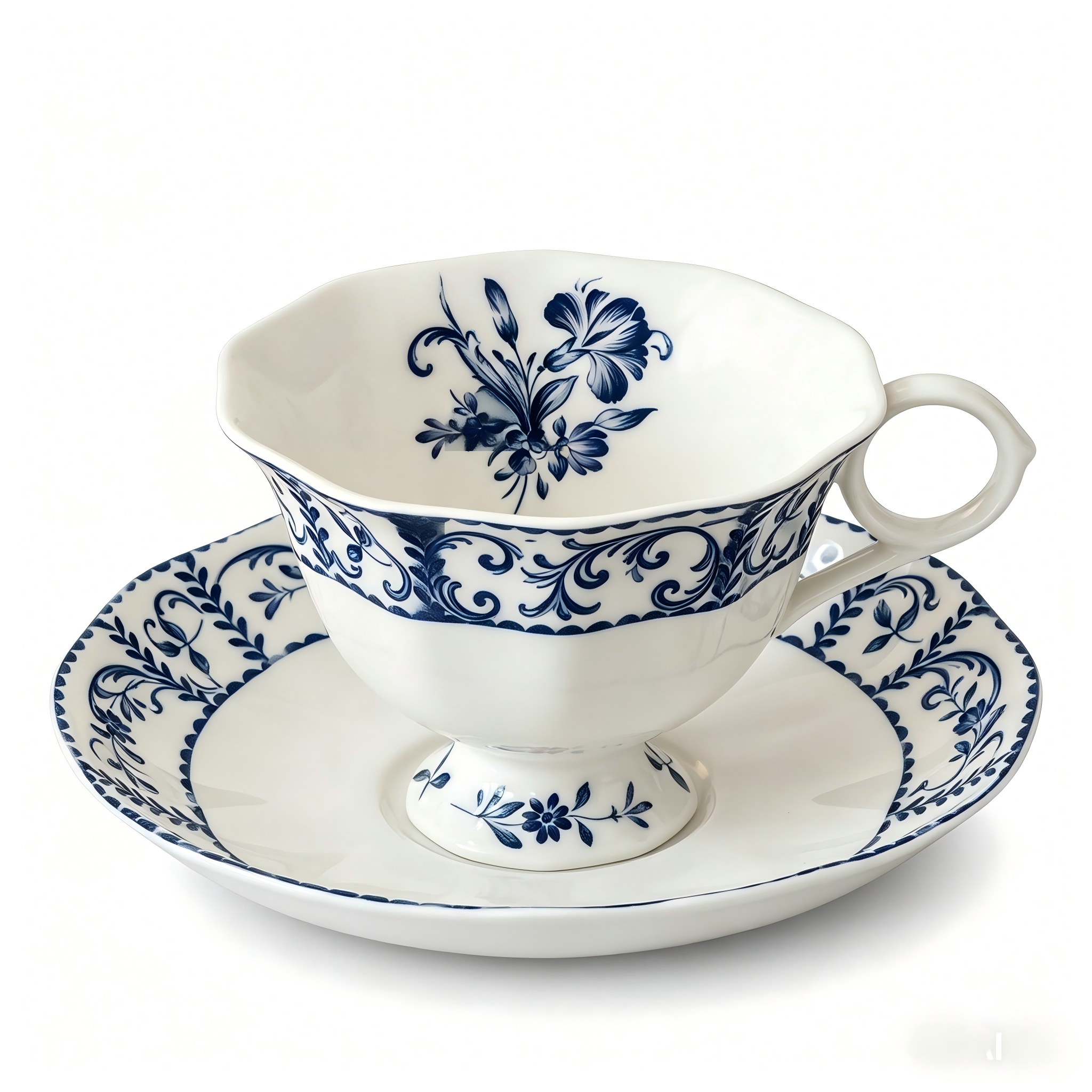 Classic Blue and White Floral Porcelain Teacup and Saucer Set