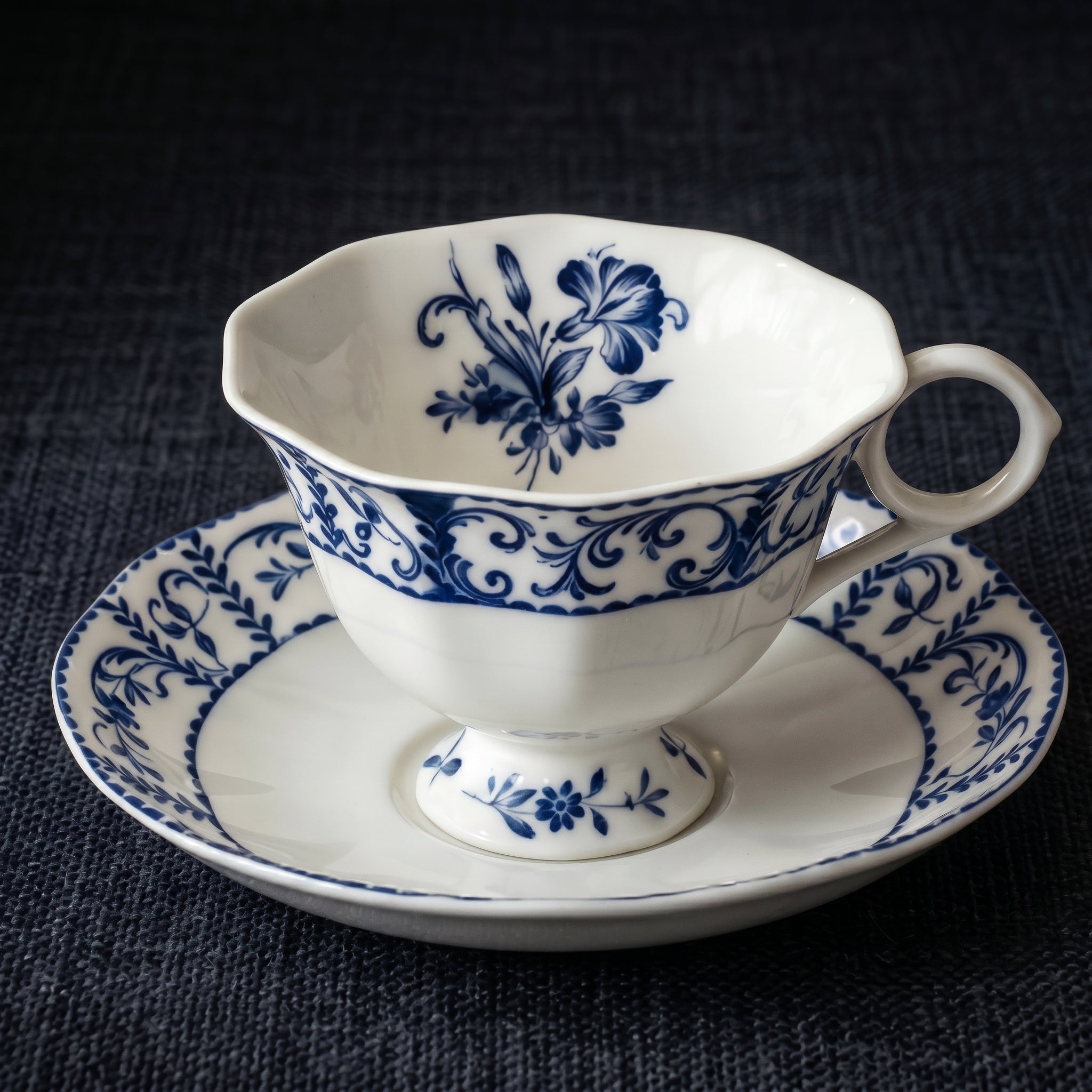 Classic Blue and White Floral Porcelain Teacup and Saucer Set