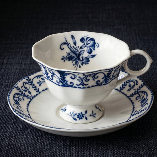 Classic Blue and White Floral Porcelain Teacup and Saucer Set