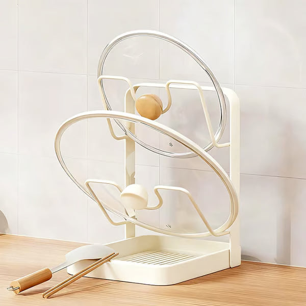 ♥️2-in-1 Kitchen Pot Lid Holder & Spoon Rest, Pan Cover Organiser with Drip Tray, Worktop Space Saver (Grey/Beige)