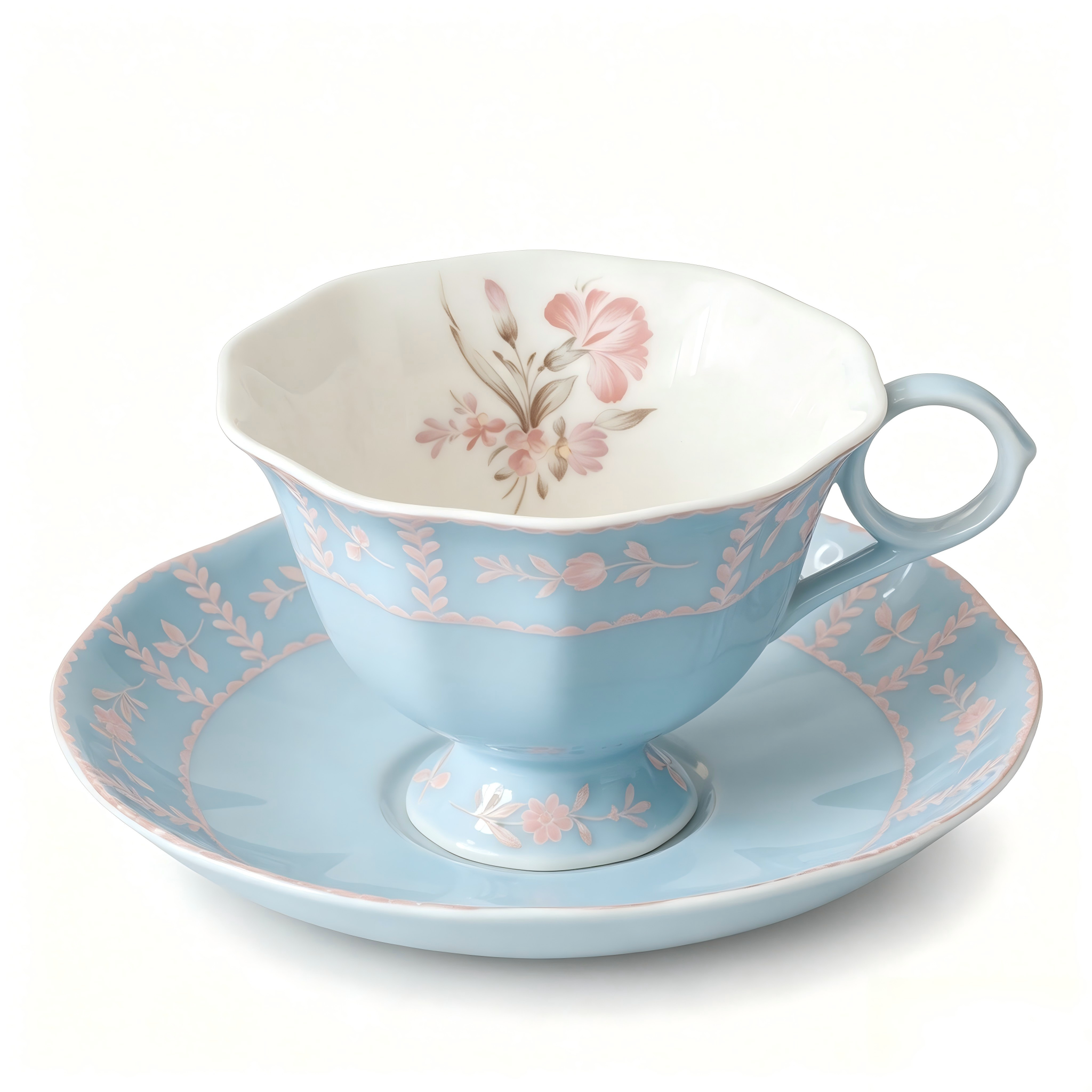 Vintage Powder Blue Floral Porcelain Teacup and Saucer Set