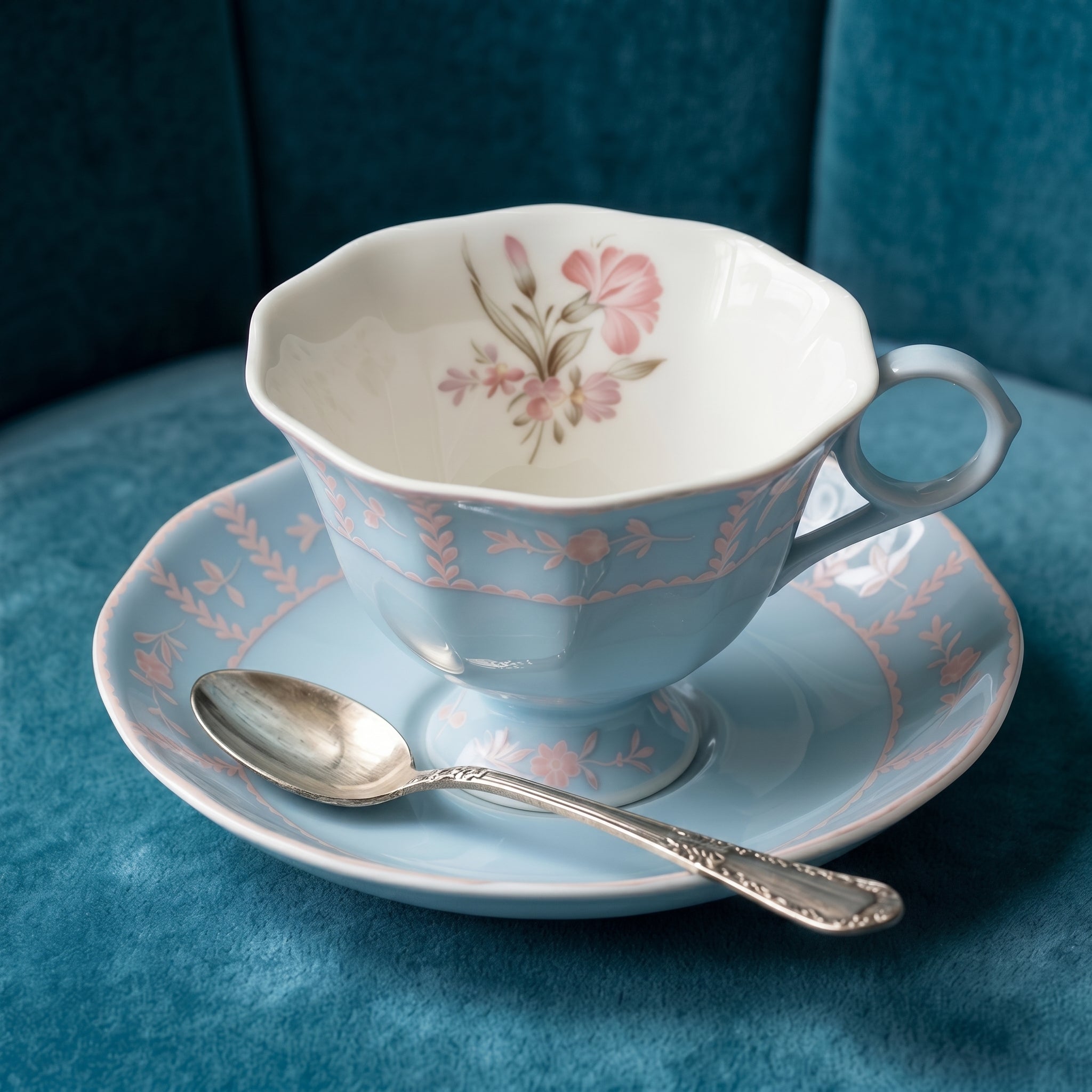 Vintage Powder Blue Floral Porcelain Teacup and Saucer Set
