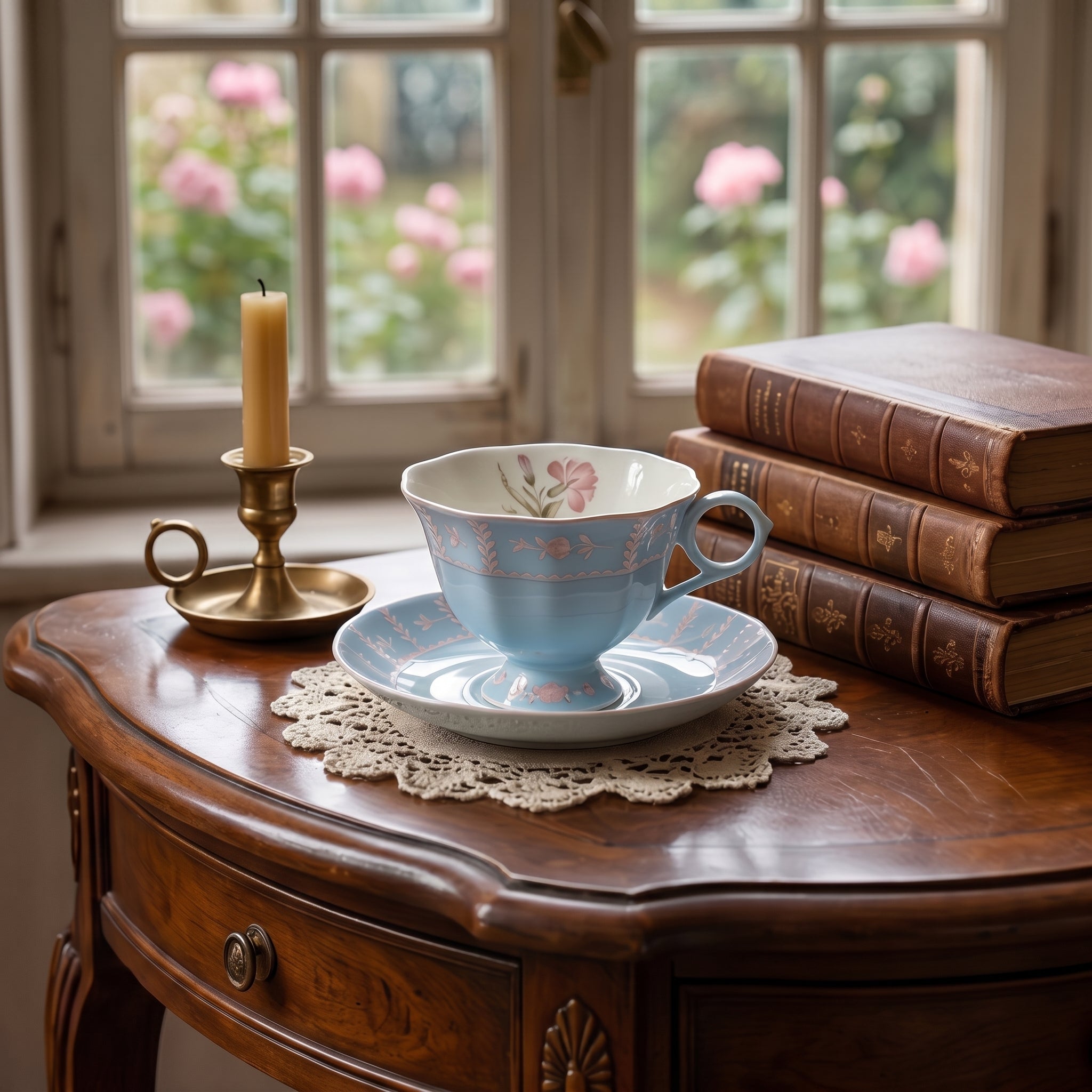 Vintage Powder Blue Floral Porcelain Teacup and Saucer Set