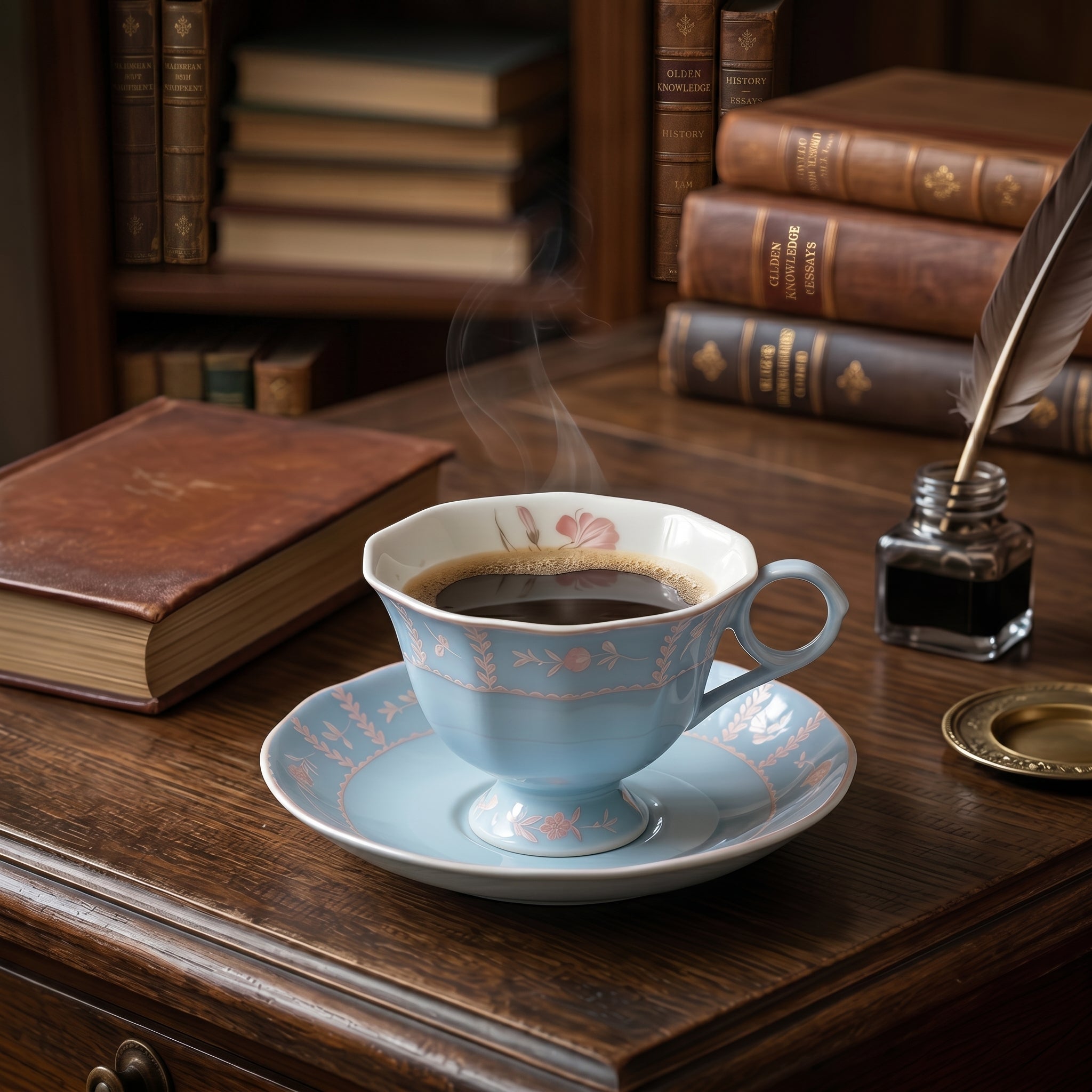 Vintage Powder Blue Floral Porcelain Teacup and Saucer Set