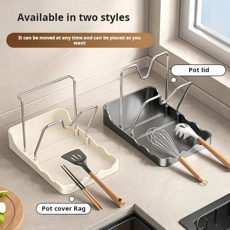 ♥️2-in-1 Kitchen Pot Lid Holder & Spoon Rest, Pan Cover Organiser with Drip Tray, Worktop Space Saver (Grey/Beige)