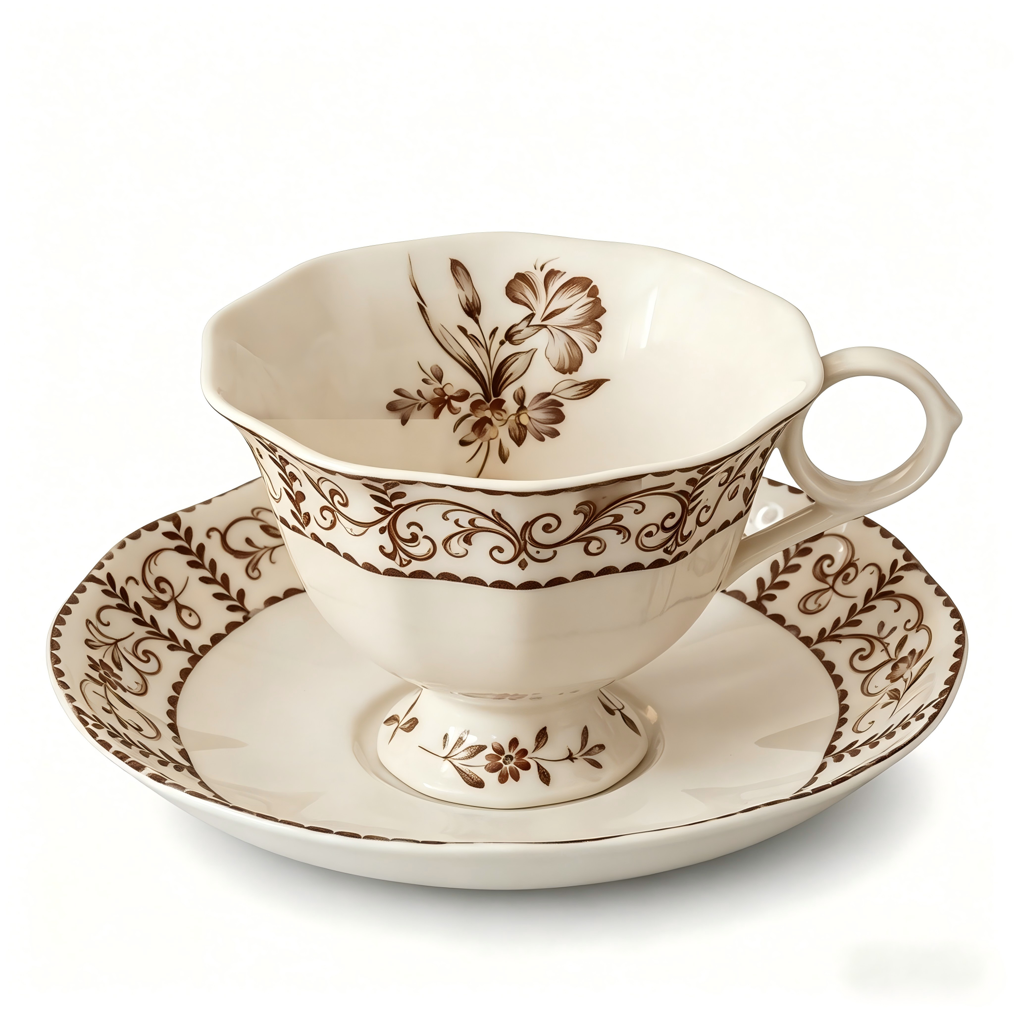 Brown Floral Vintage Porcelain Teacup & Saucer Set