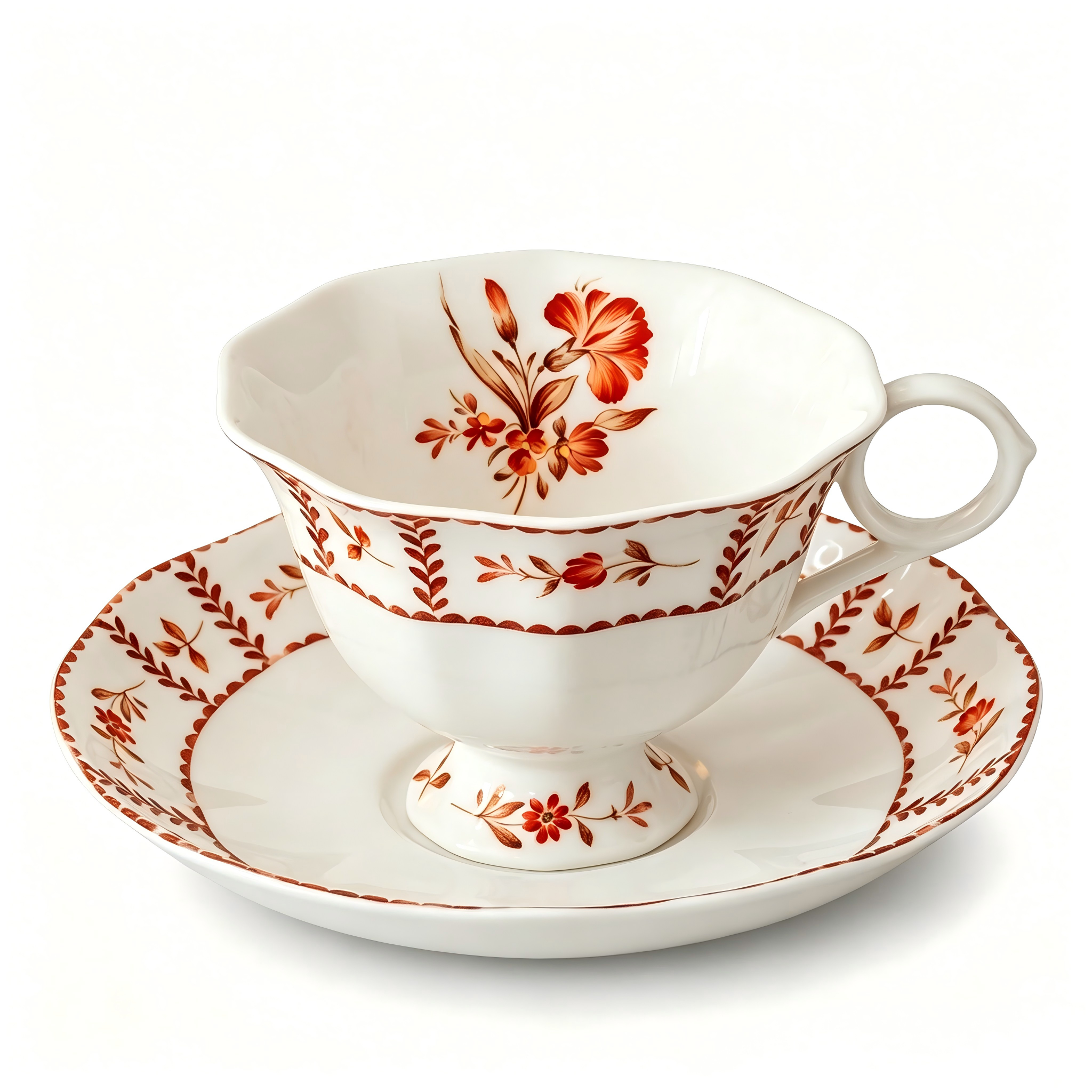 Red Floral Vintage Porcelain Teacup & Saucer Set