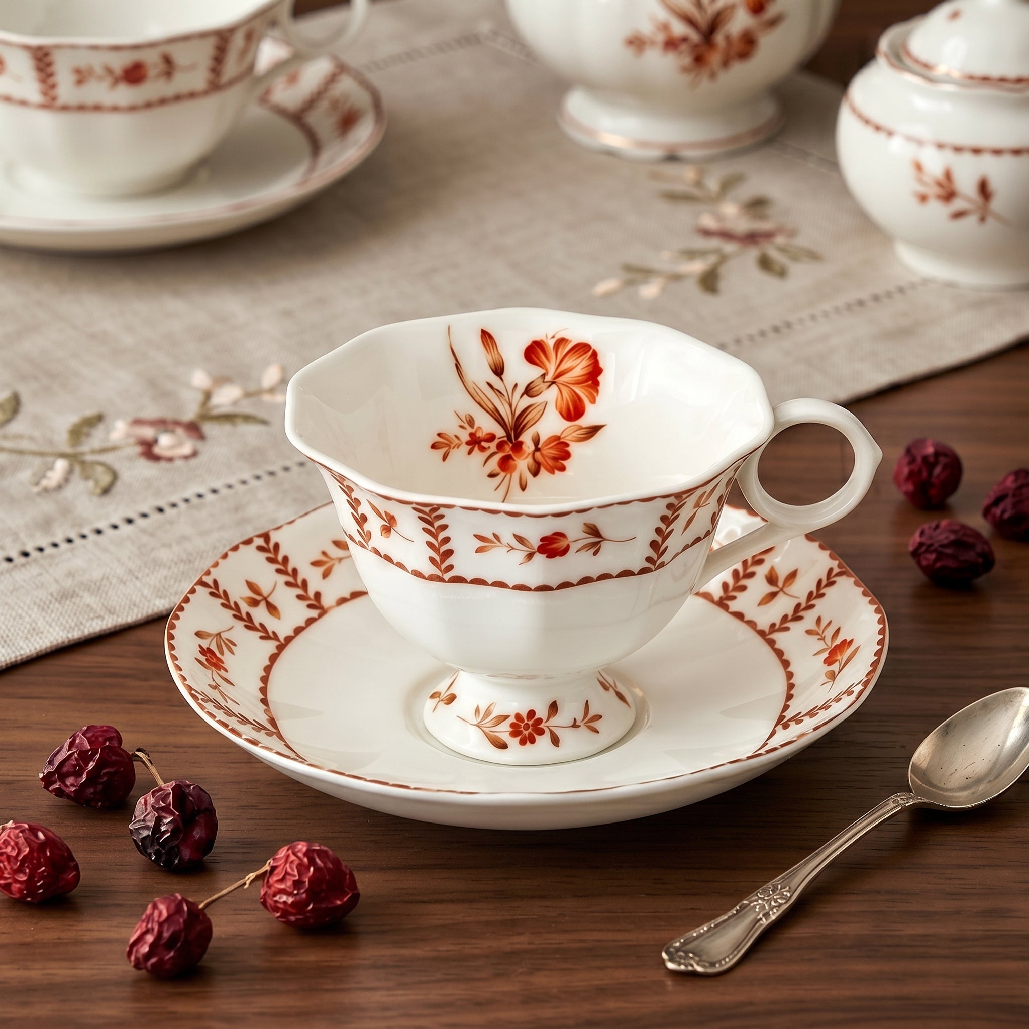 Red Floral Vintage Porcelain Teacup & Saucer Set