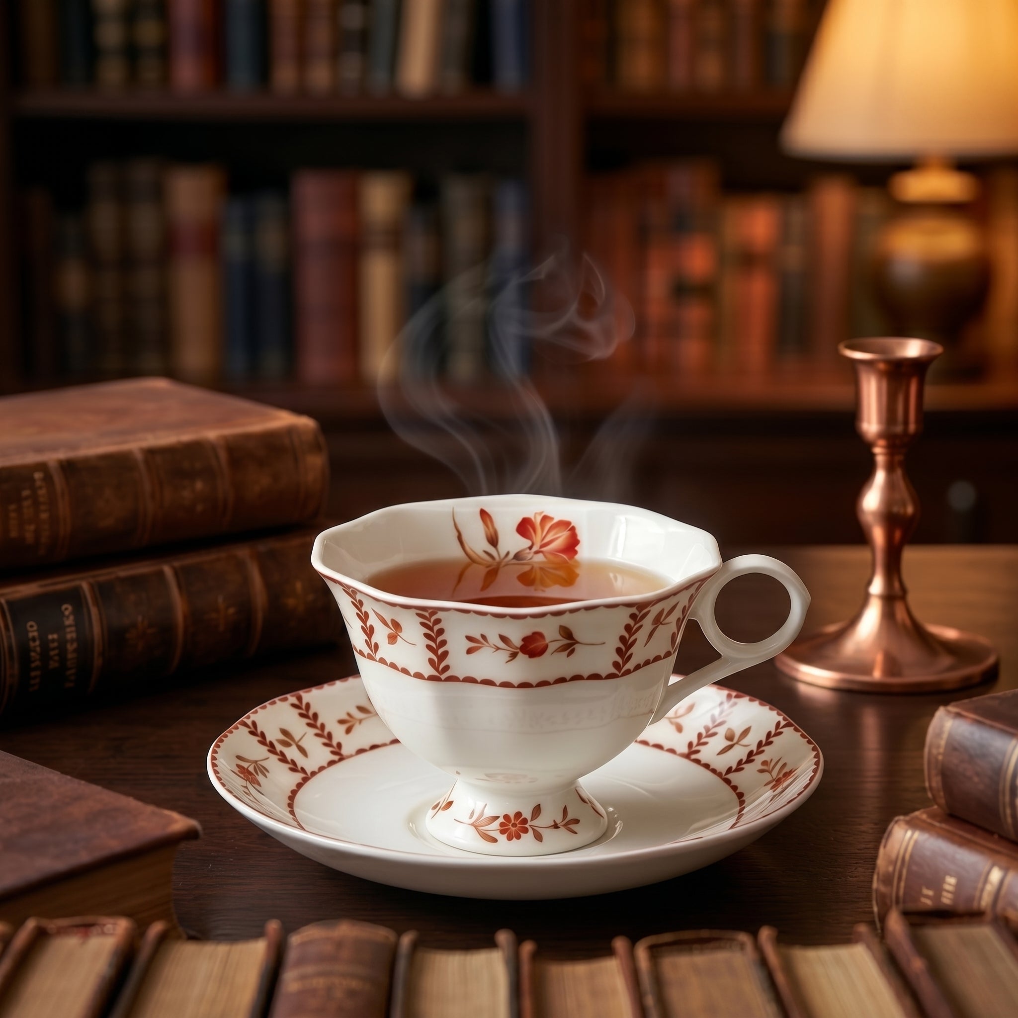 Red Floral Vintage Porcelain Teacup & Saucer Set