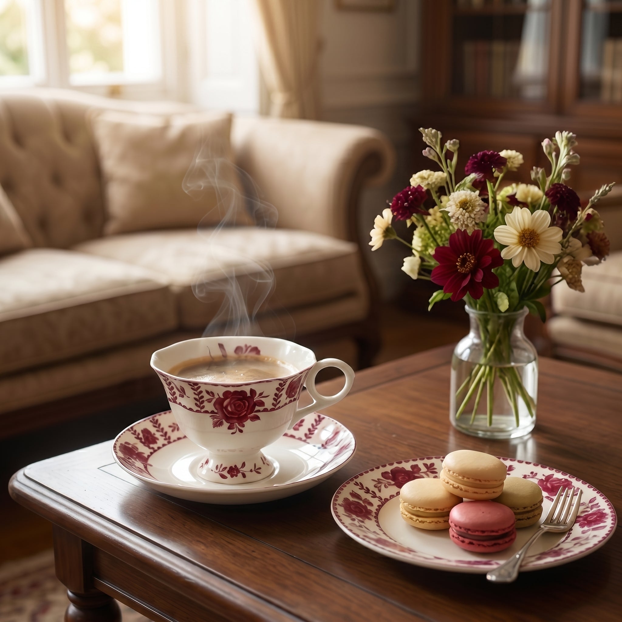 Burgundy Rose Vintage Porcelain Teacup & Saucer Set