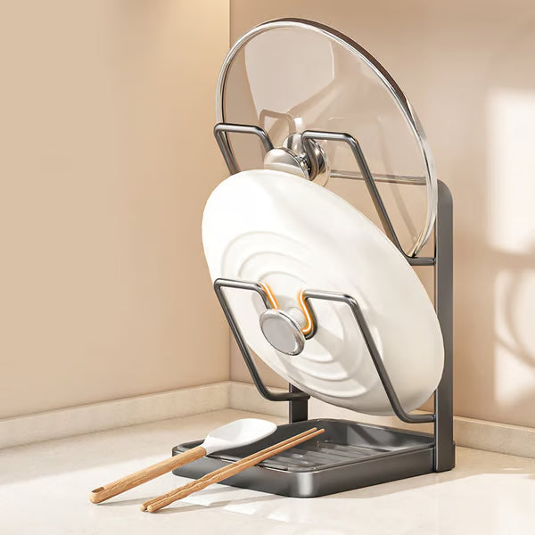 ♥️2-in-1 Kitchen Pot Lid Holder & Spoon Rest, Pan Cover Organiser with Drip Tray, Worktop Space Saver (Grey/Beige)