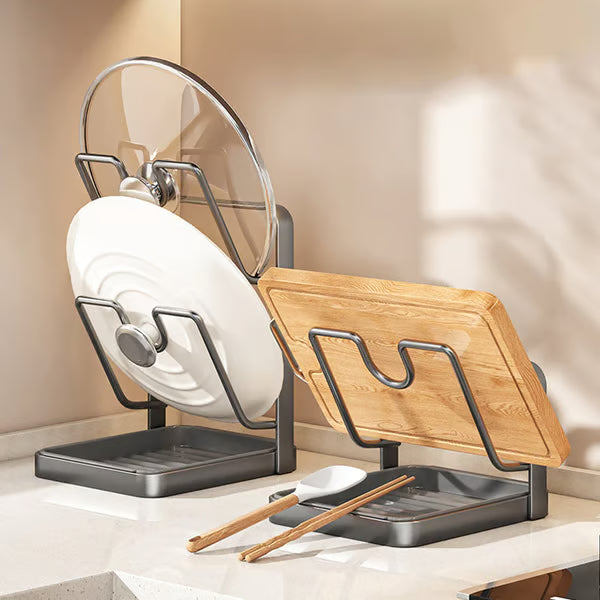 ♥️2-in-1 Kitchen Pot Lid Holder & Spoon Rest, Pan Cover Organiser with Drip Tray, Worktop Space Saver (Grey/Beige)