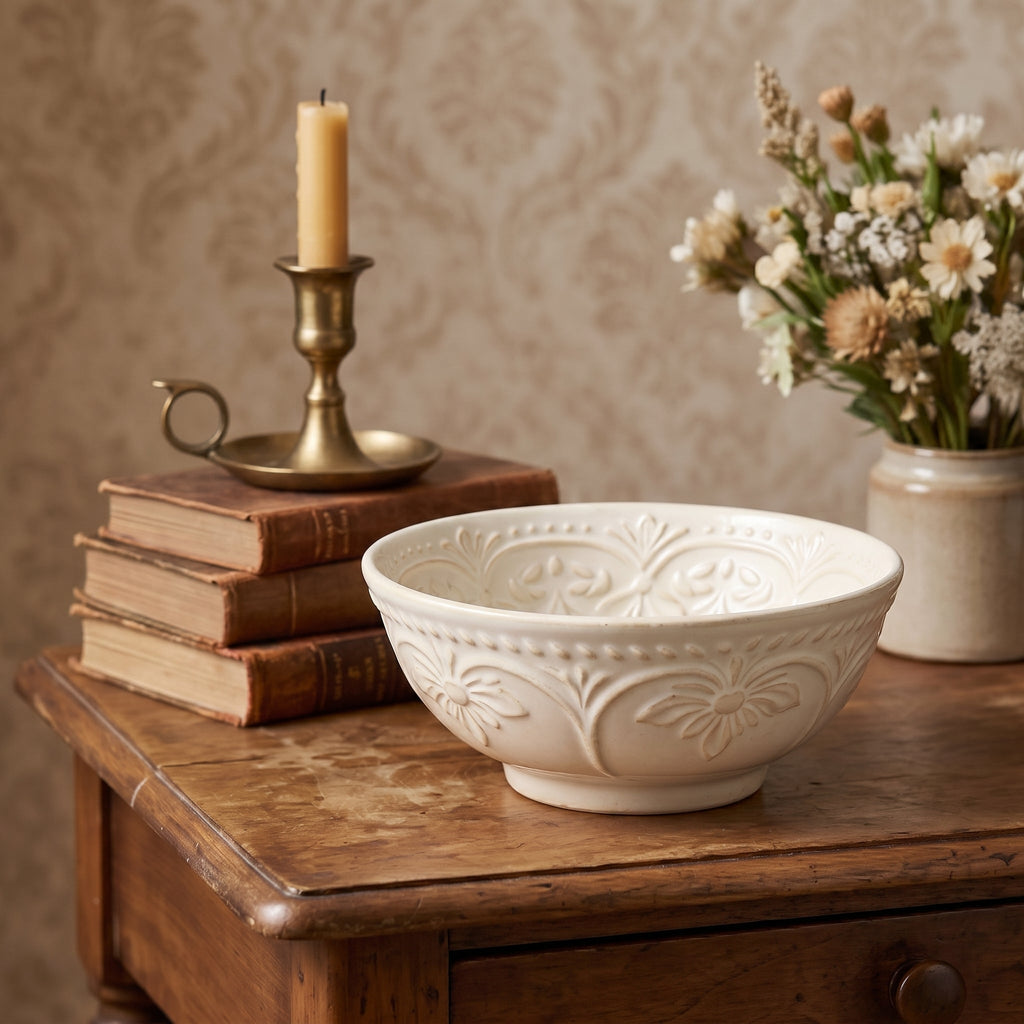 Embossed Botanical Cream Ceramic Bowl