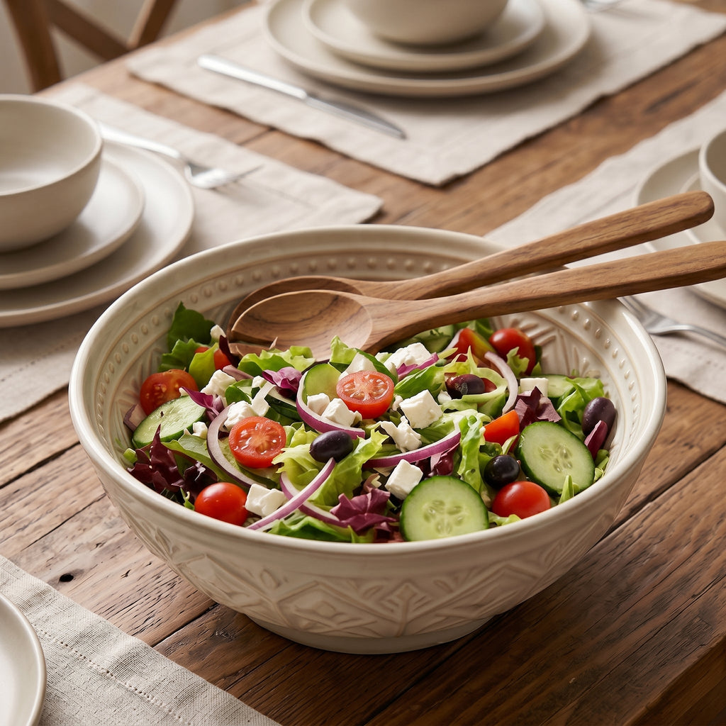 Embossed Geometric Cream Ceramic Bowl