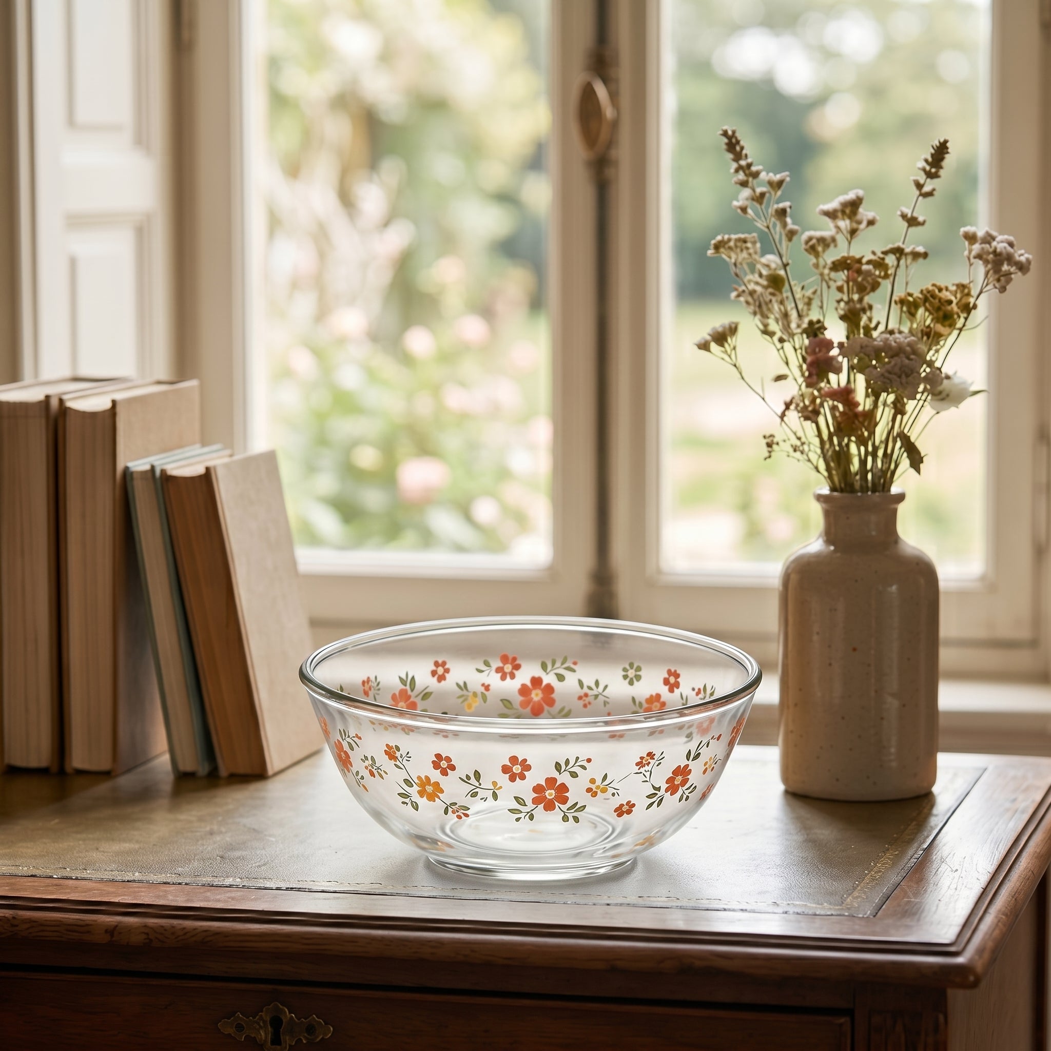 Vintage Floral Clear Glass Serving Bowl