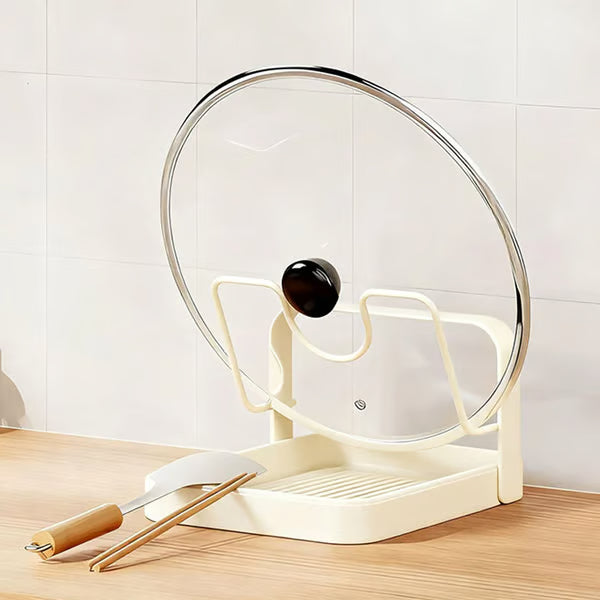 ♥️2-in-1 Kitchen Pot Lid Holder & Spoon Rest, Pan Cover Organiser with Drip Tray, Worktop Space Saver (Grey/Beige)
